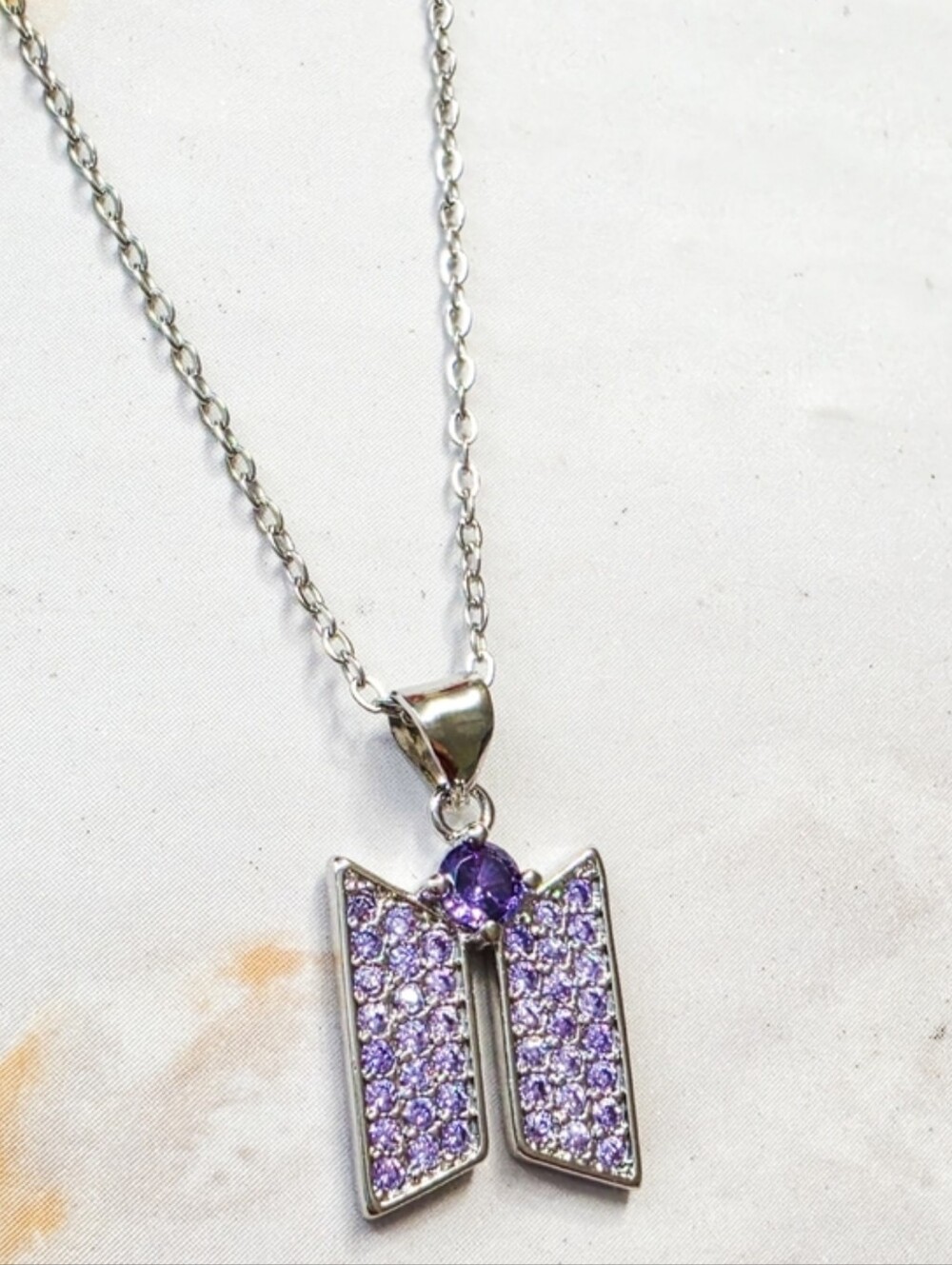 BTS Inspired Purple Crystal Logo Necklace Kpop ARMY Fan Jewelry Silver Tone - Picture 4 of 7